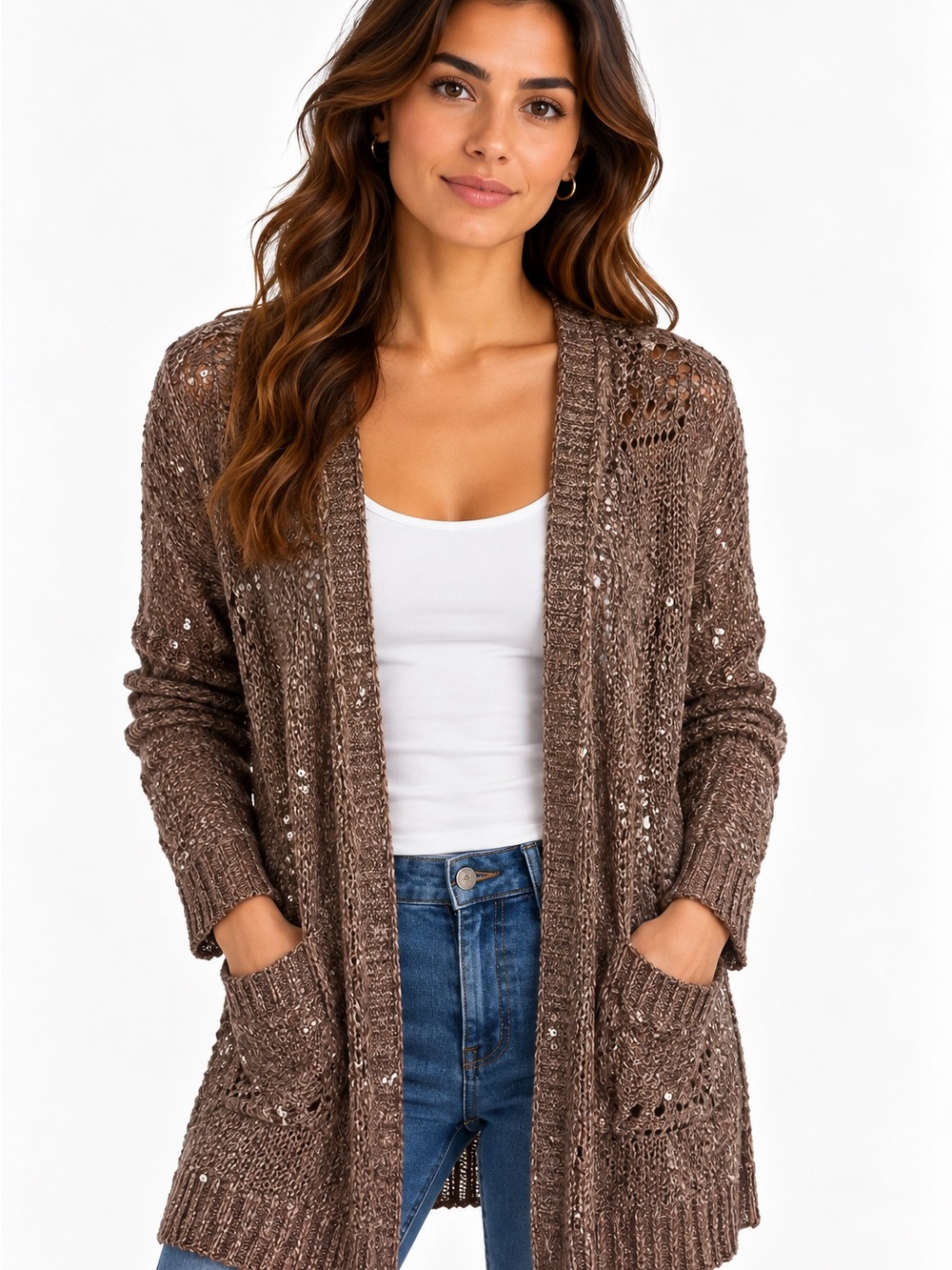 Belldini Women’s Medium Bronze Sequin Metallic Longline Open Front Cardigan